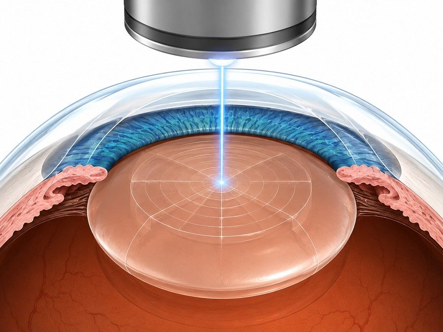 הדמיה של ניתוח קטרקט בלייזר Femtosecond - קרן לייזר מכוונת אל העדשה הטבעית בתוך העין, עם דפוס פיצול רשתי